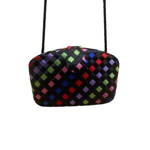 Women’s Black Multicolor Woven Satin Clasp Closure  Crossbody Purse Bag